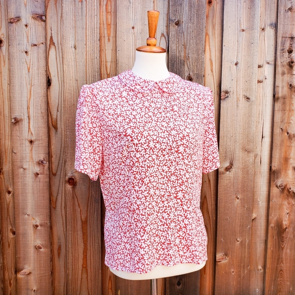 Vintage Peter Pan Collar Floral Red White Print Short Sleeve Blouse Top Size 12 - Picture 2 of 5